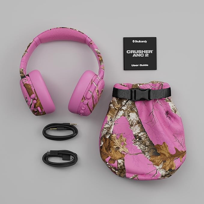 Skullcandy Crusher ANC 2 Wireless Over-Ear Bluetooth Headphones with Multi-Sensory Bass, Active Noise Cancelling, Up to 60 Hours Battery, Microphone for iPhone Android - Realtree Edge Colors Pink