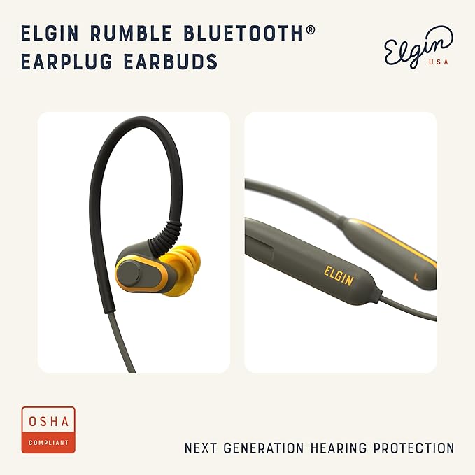 Elgin Rumble Bluetooth Earplug Earbuds, 27 dB Noise Reduction Wireless Headphones with Noise Cancelling Mic, 20 Hour Battery Life, IP67 Waterproof, OSHA Compliant Hearing Protection for Work