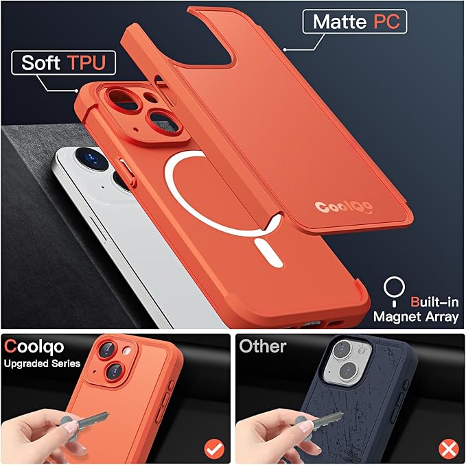 COOLQO Magnetic for iPhone 15 Case, Compatible with MagSafe, Dual Layer Design Military Grade Protection, Translucent Matte Scratch-Resistant Back Protective Shockproof Phone Case, Orange