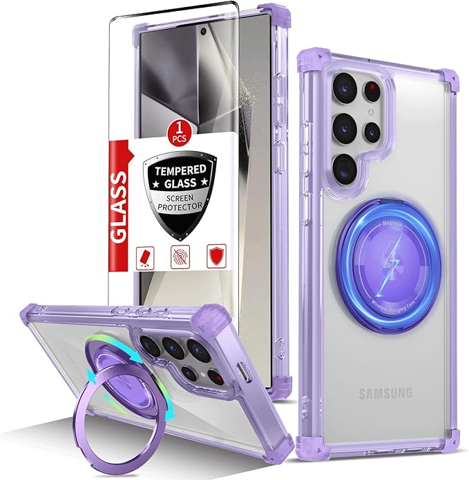 for Samsung Galaxy S24 Ultra Case Magnetic Compatible with MagSafe Galaxy S24Ultra Case with Glass Screen Protector,with Kickstand Military Grade Drop Protection Shockproof S24Ultra CasePurple
