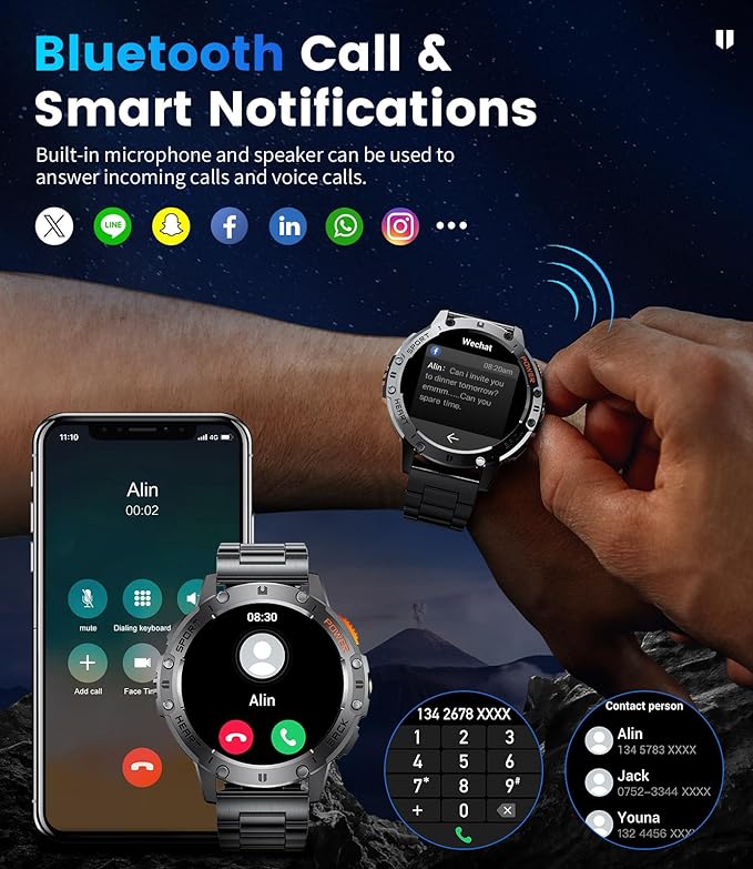 Military Smart Watches for Men(Answer/Make Calls) with LED Flashlight,530mAh Large Battery,1.43’’ AMOLED Heart Rate/Sleep Monitor 5ATM Waterproof Smartwatch for Android iOS,100+Sport Modes,3 Straps