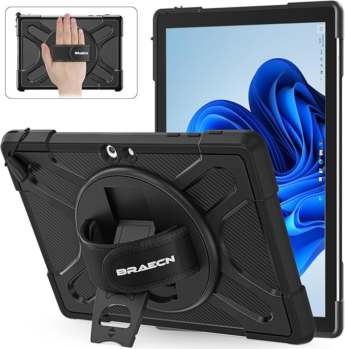 BRAECNstock Case for Microsoft Surface Go 4 (2023) Go 3 (2021) Go 2 (2020) Go (2018) Rugged Protective Kids Case with [Rotating Hand Strap+Stand], Compatible with Type Cover Keyboard, Black