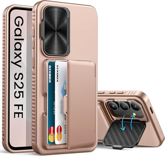 for Samsung Galaxy S25 FE Case with Card Holder & Camera Lens Cover Stand, Military Grade Drop Protection Shockproof Rugged Stand Wallet Protective Phone Case for S25 FE 2025, Rose Gold