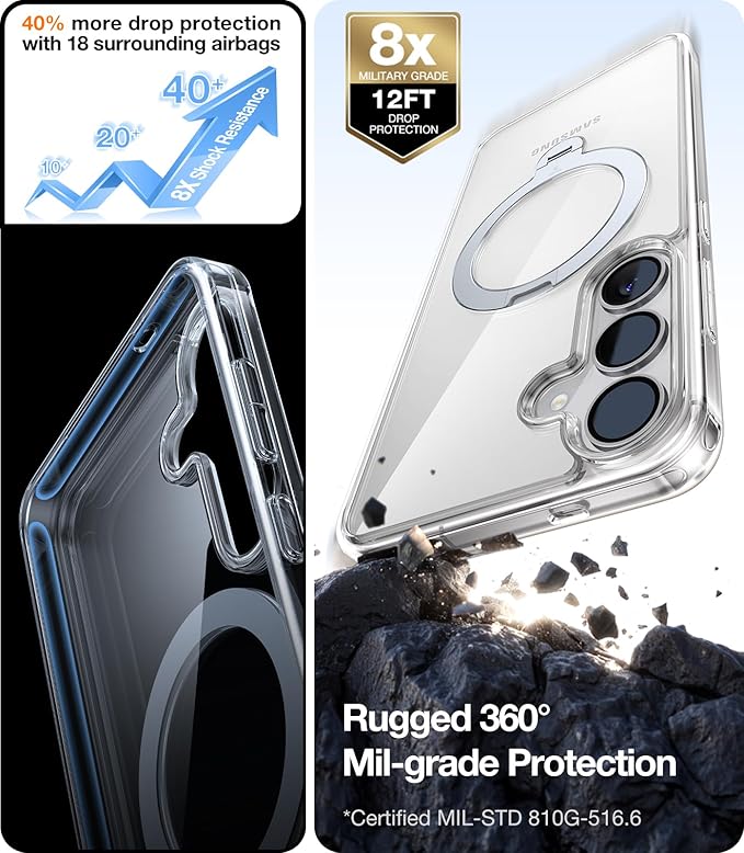 TORRAS 360° Spin for Samsung Galaxy S25 Case with Stand, Fit for MagSafe, 3X Military Grade Protective, Rotatable Kickstand for Samsung S25 Case, Magnetic Ring Slim Hard Cover, Crystal Clear 6.2''