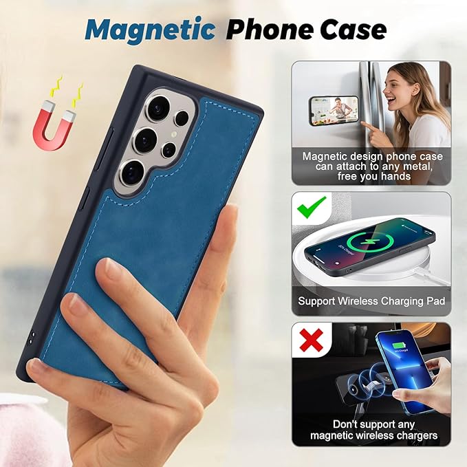 TwoHead for Samsung Galaxy S24 Ultra Wallet Case with Card Holder & Detachable Magnetic Phone Case for Galaxy S24 Ultra,PU Leather Shockproof Protective Phone Cover Wallet(6.8 in,Navy Blue)