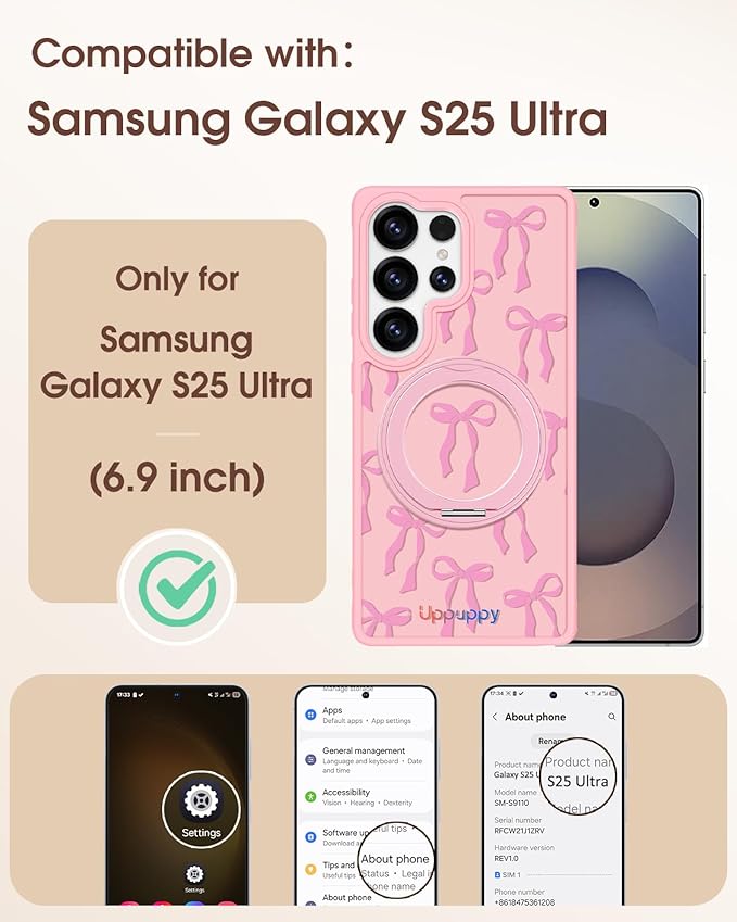 for Samsung Galaxy S25 Ultra Case with 360° Rotatable Magnetic Ring - Compatible with MagSafe, Semi-Transparent Soft-Touch Material Shockproof, Cute Pink Ribbon Bow Design for Women Girl