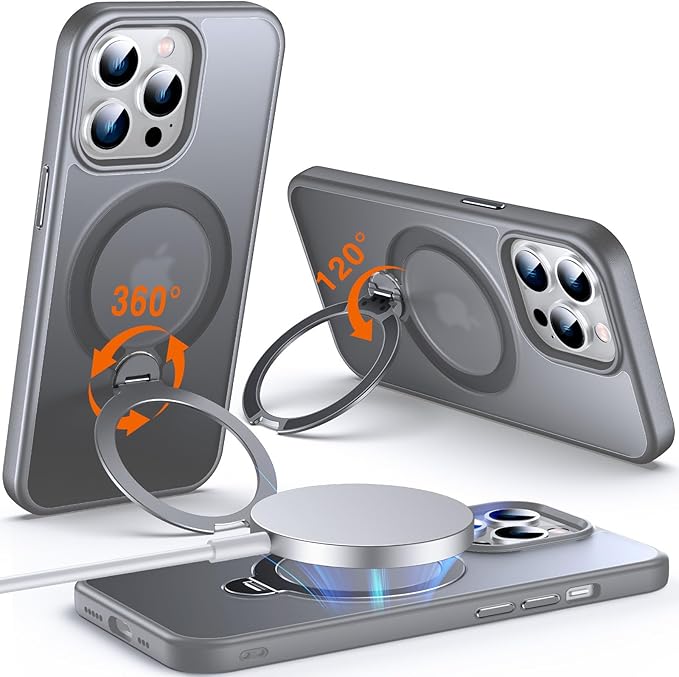 360° O-Ring MagStander for iPhone 14 Pro Case with Magnetic Kickstand Ring Holder [Compatible with MagSafe][360°Rotate Stand Ring][Military Shockproof] iPhone 14 Pro Phone Cover Matte Grey