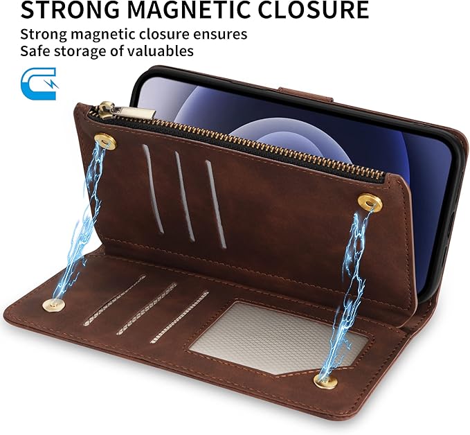 ZZXX iPhone 12 Pro Wallet Case with Card Slot, Premium Soft PU Leather Zipper Folio with Wrist Strap Kickstand Protective for iPhone 12 (Coffee 6.1 inch)