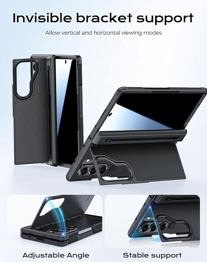 for Galaxy Z Fold 4 Case, S Pen Holder & Privacy Screen Protector & Kickstand & Hinge Protection, Slim Rugged Military-Grade Shockproof Protective Phone Case for Samsung Fold 4 (Black)