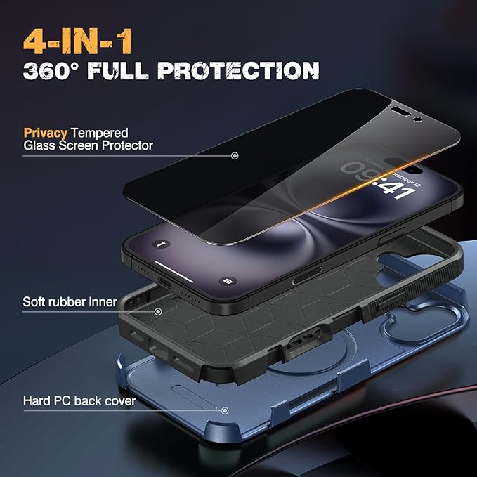 Diaclara Designed for iPhone 16 Case, [with Privacy Screen Protector] [Anti Spy] [Military Grade Drop Protection] Heavy Duty Full-Body Shockproof Phone Case, Magnetic Blue