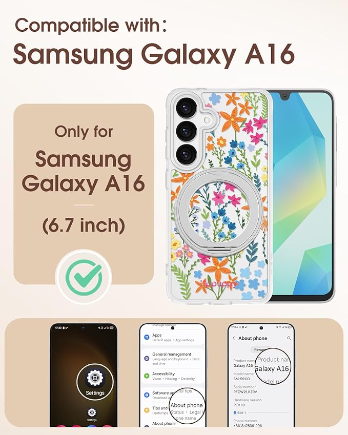 for Samsung Galaxy A16 4G/5G Case with 360° Rotatable Magnetic Ring - Semi-Transparent Anti-Fingerprint Soft-Touch Material Shockproof, Cute Colors Flower Design for Women Girl