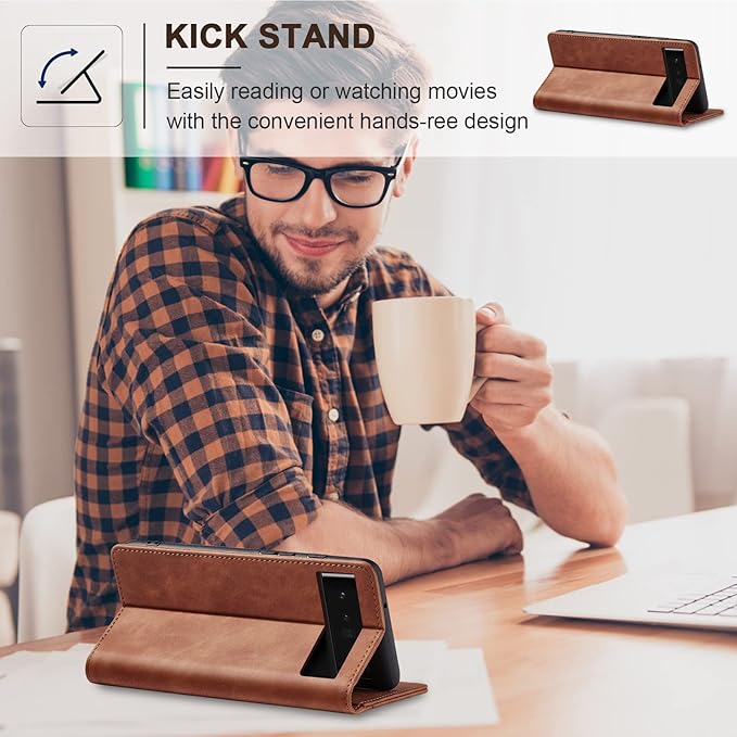 Jasonyu Flip Wallet Case for Google Pixel 6 Pro 5G,Leather Magnetic Folio Cover with Card Holder,Kickstand - TPU Shockproof Durable Protective Phone Case,Brown