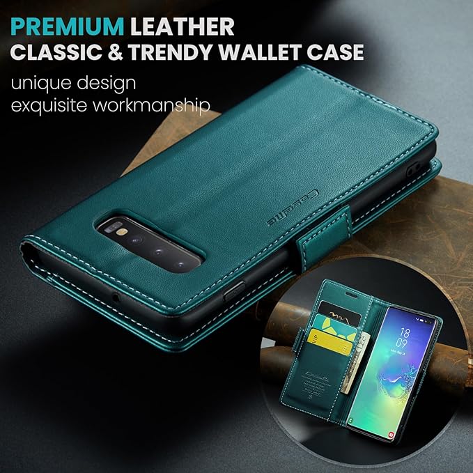 Case for Samsung Galaxy S10 Plus Wallet Case, RFID Blocking PU Leather Flip Folio Cover Card Holder Kickstand Shockproof Phone Case Compatible with Samsung Galaxy S10 Plus, Blue Green