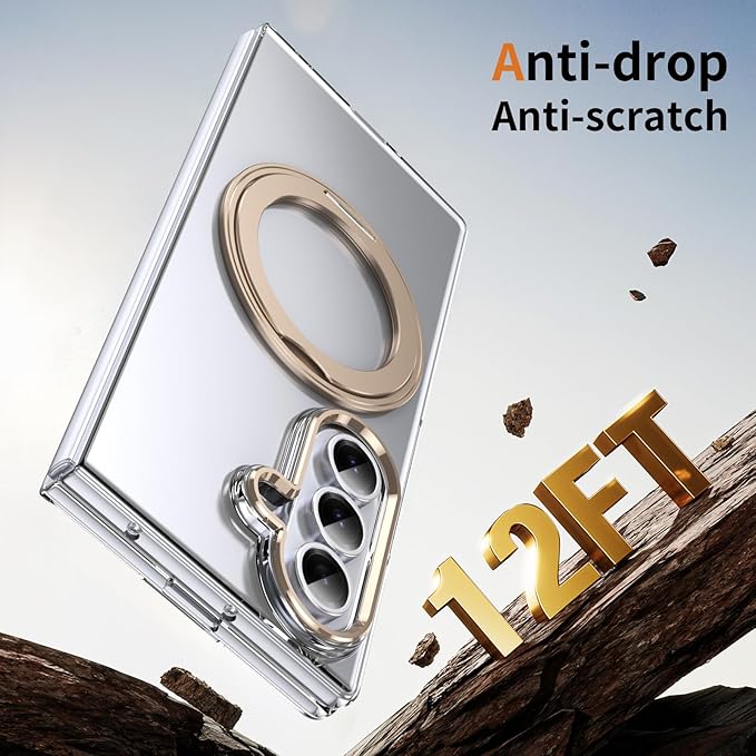 for Samsung Galaxy Z Fold 7 Case with Magnetic Ring Holder, 360 Rotating Bracket, Built-in Front Screen Len Protector, Anti-Yellowing & Anti-Fingerprint Crystal Clear Case.(Gold)