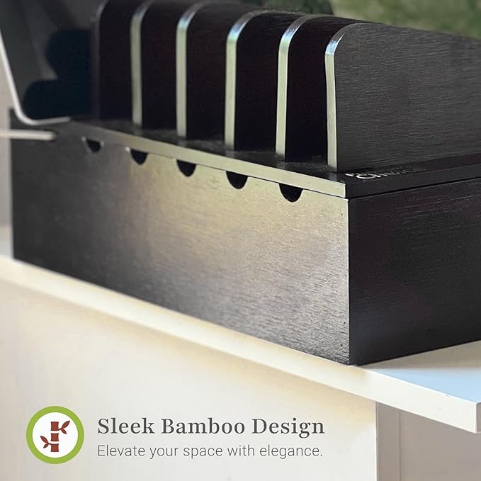 Prosumer's Choice Charging Station for Multiple Devices - 5 Device Charger Organizer for Smartphones and Tablets - Wooden Rack with Removable Dividers - Charging Dock for Work from Home - Black