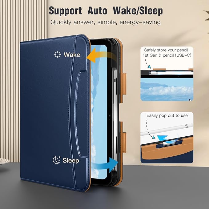 MoKo for iPad (A16) 11th Generation Case 11 inch 2025, iPad 10th Generation Case 10.9" 2022 with Pencil Holder & Pocket, Premium Leather Folio Stand Cover, Multiple Viewing Angles, Dark Blue