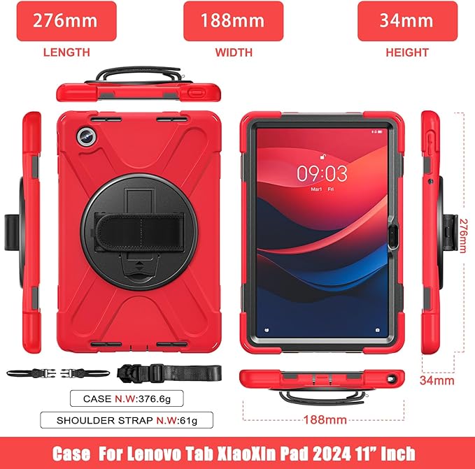 TSQQST Case for Lenovo M11 Tablet/Tab K11 LTE 2024 for Kids | Shockproof Protective Case Cover with Kickstand & Hand Strap Carrying Strap for Lenovo Tab M11 11 Inch | Red