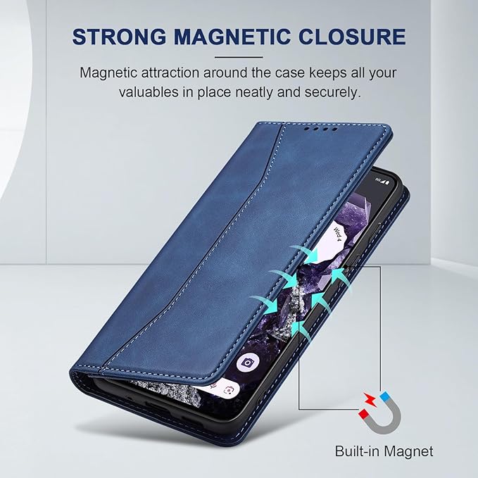 Jasonyu Flip Wallet Case for Google Pixel 8,Leather Magnetic Folio Cover with Card Holder,Kickstand - TPU Shockproof Durable Protective Phone Case,Blue