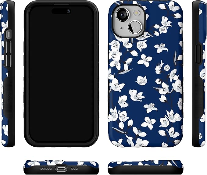 Casely iPhone 14 Case | Floral Forest | Navy Cherry Blossom Floral | Compatible with MagSafe | Bold Protective Design