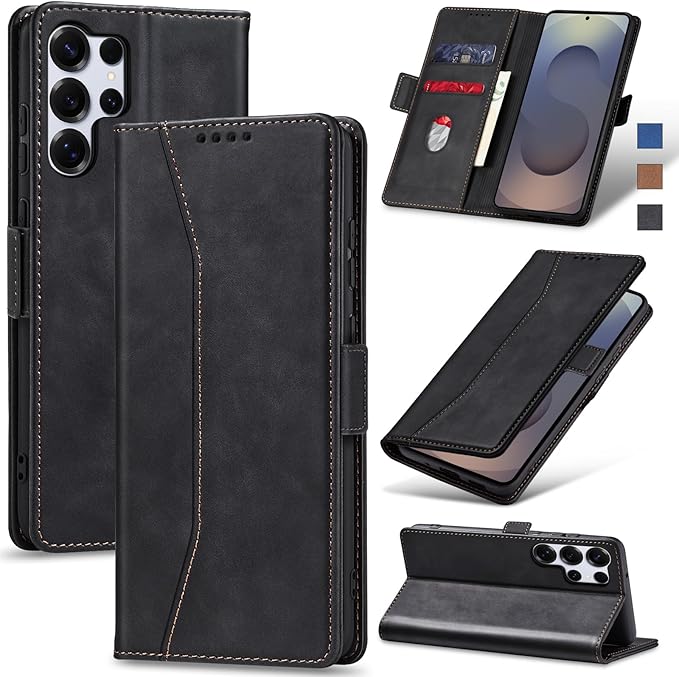 Jasonyu Flip Wallet Case for Samsung Galaxy S25 Ultra 5G,Leather Magnetic Folio Cover with Card Holder,Kickstand - TPU Shockproof Durable Protective Phone Case,Black