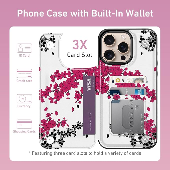 FUNMIKO for iPhone 16 Pro Wallet Case with Card Holder, RFID-Blocking, Military-Grade Protection & UV-Printed Artwork, Magnetic Closure with Leather Kickstand - Dramatic Blossom Drift