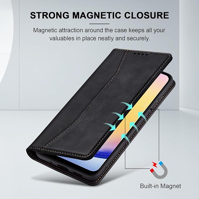 Jasonyu Flip Wallet Case for Samsung Galaxy A25 5G,Leather Magnetic Folio Cover with Card Holder,Kickstand - TPU Shockproof Durable Protective Phone Case,Black