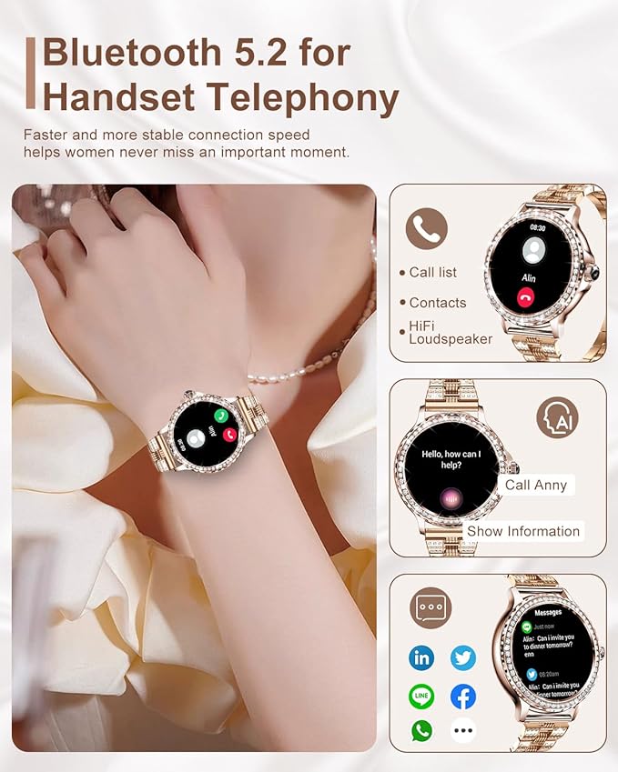 Smart Watches for Women (Answer/Make Call) with Diamonds, 1.3”HD Screen Bluetooth Smartwatch for Android iOS Phones, IP68 Waterproof Fitness Activity