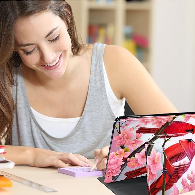 Case for Lenovo Tab P11 Plus Case 2021 (TB-J616F / J616X), 360 Degree Rotating Folding Stand,with Auto Sleep/Wake Case for Lenovo Tab P11 11” 2020 (TB-J606F TB-J606X),Red Birds Pink Flowers