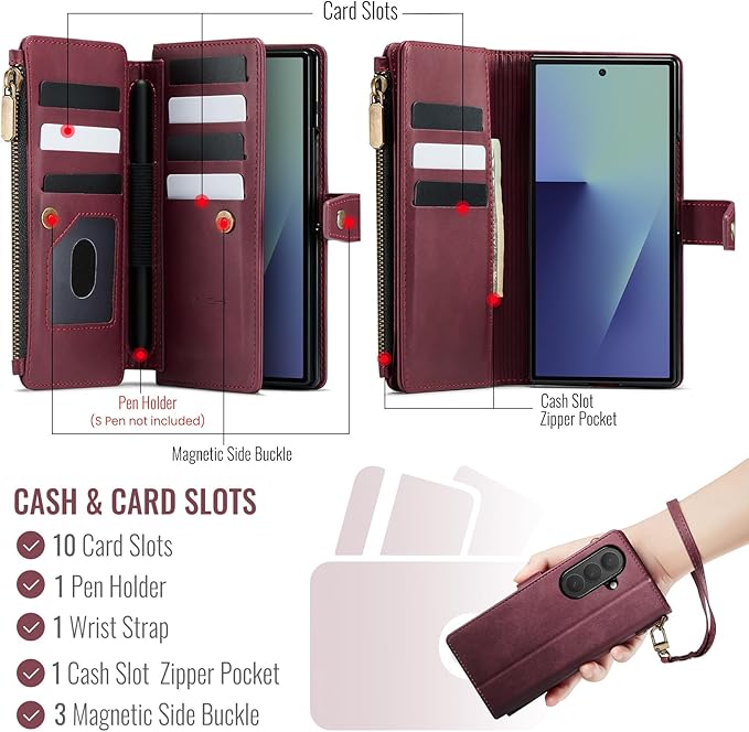 Vinich for Samsung Galaxy Z Fold 7 Wallet Case with Card Holder, Detachable Strap RFID Blocking Credit Slots Kickstand Shockproof Phone Cover for Women Men, Burgundy