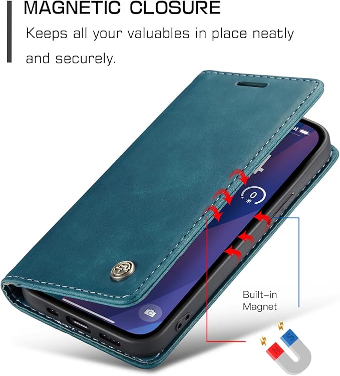 for iPhone 15 Case, Flip Wallet Leather Case with Card Holder Magnetic Closure Shockproof Kickstand Protective Phone Cases Cover for iPhone 15, Blue-Green