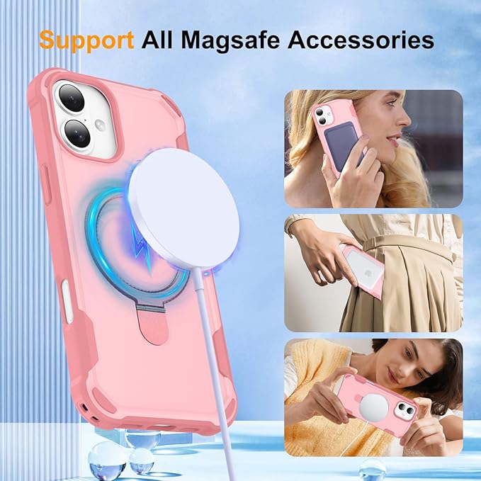 Compatible with iPhone 16 Plus Case with Invisible Magnetic Ring Stand [Compatible with Magnetic] [Military Drop Protection] Shockproof Slim Hard Back Soft Edge Case 6.7 Inch, Pink