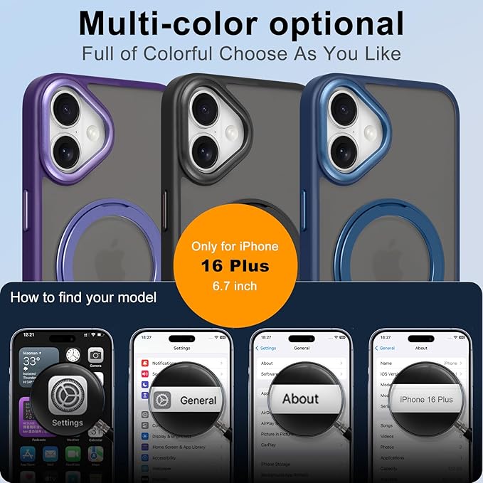 ZIYE Magnetic Case for iPhone 16 Plus Case with Stand [Compatible with MagSafe] Slim Shockproof Military Grade Heavy Duty Cover with 360 Rotatable Ring Kickstand for Women Men, Translucent Blue