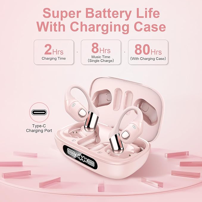 Open Ear Earbuds, Bluetooth 5.3 Wireless Air Conduction Headphones with Mic, LED Display Charging Case&Fast Charging, Ultra-Light Weight, 80H Playtime Earbuds for Work, Sports (Pink)