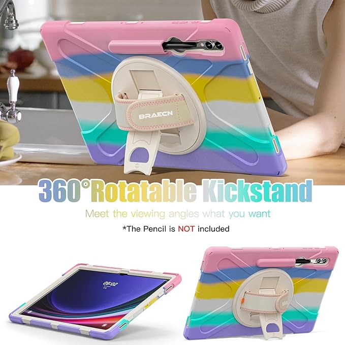 BRAECNstock Kids Case for Samsung Galaxy Tab S10 Ultra/S9 Ultra/S8 Ultra 14.6" 2024/2023/2022 Shockporoof Samsung Tablet 14.6 inch Case with Pen Holder Rotating Hand Strap & Stand - Colorful Pink