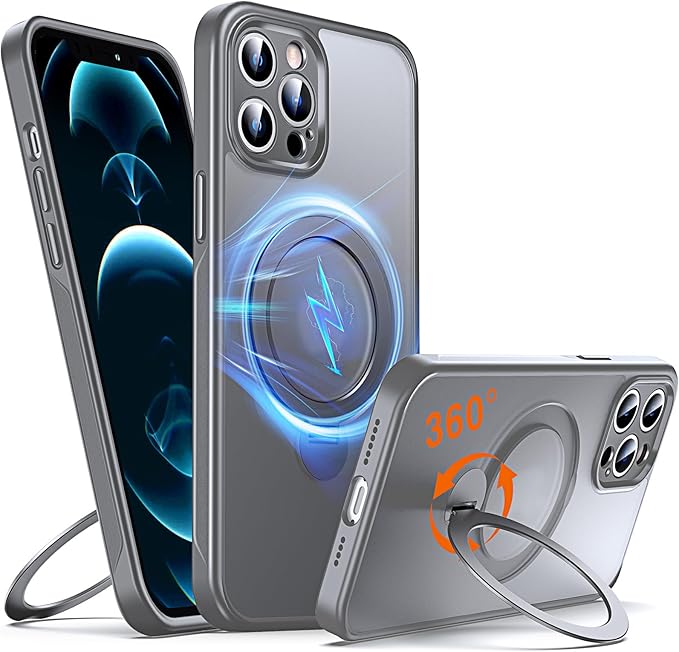 360° O-Ring MagStander for iPhone 12 Pro Max Case with Magnetic Kickstand Ring Holder [Compatible with MagSafe][360°Rotate Stand][Military Shockproof] iPhone 12 Pro Max Phone Cover Grey