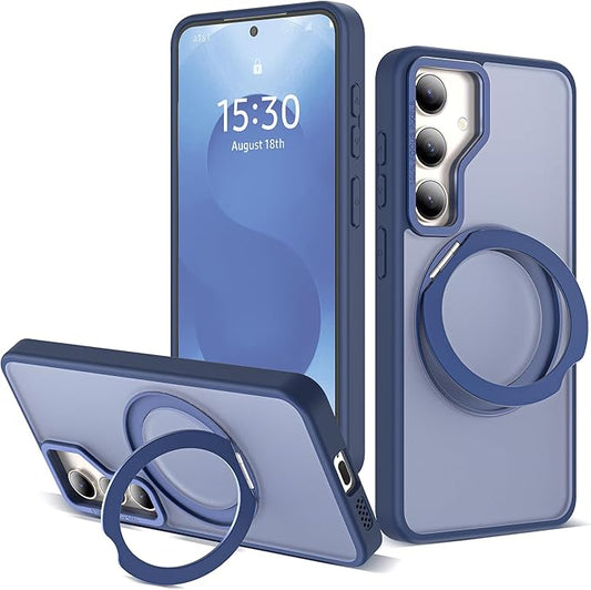 for Samsung Galaxy S25 Plus Case with 360°Rotatable Magnetic Ring Stand Compatible with Mag-Safe Military Protection Shockproof Matte Translucent Phone Cases for Galaxy S25+,Blue