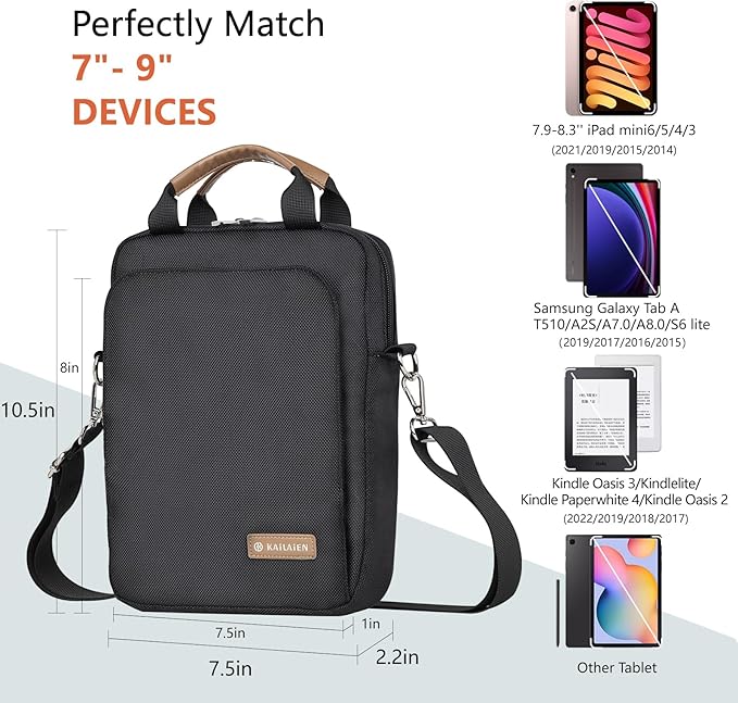 7-9 Inch Tablet Sleeve Bag, Ipad Bag for iPad mini 6/5/4/3/2,Samsung Galaxy Tab A7 Lite 8.7" / Tab A 8.0",Kindle 2022/10/9/8/7/6,eReader,with Removable Shoulder Strap (Black)