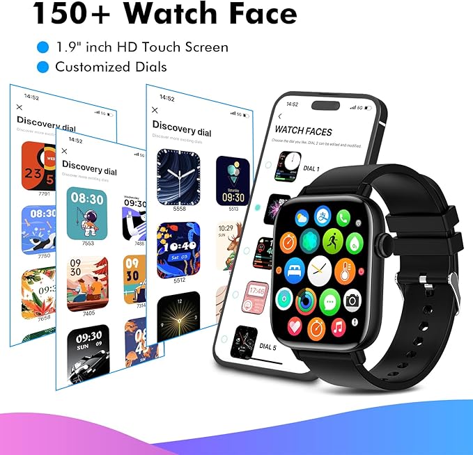 Smart Watch for Android iPhone, 1.9" Fitness Tracker with (Answer/Make Calls) IP 67 Waterproof Sport Digital Watches, Blood Pressure Heart Rate Monitor Step Counter Sleep Tracker