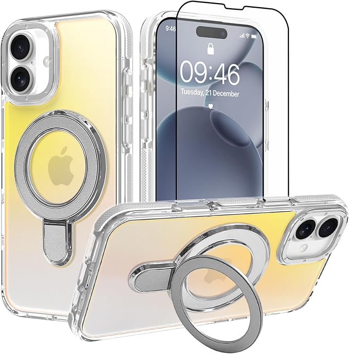 MOWIME Magnetic for iPhone 17 Case with Stand [Compatible with Magsafe] [Cute Fashion Fluorescent Design] [1 Screen Protector] Slim Translucent Matte Case for iPhone 17 6.3" 2025, White