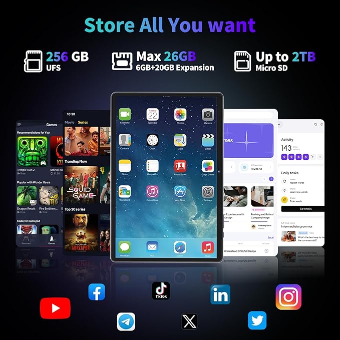 2025 Android 15 Tablet with Keyboard, 26GB(6+20)RAM+256 Storage(Expand to 2TB), 8000mAh Battery, Widevine L1, 10 Inch 2-in-1 Tablets with 5G/2.4G WiFi, BT5.0, GMS Certified, Mouse, Case, Stylus(Green)