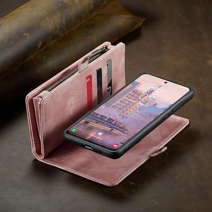 SZHAIYU 2 in 1 Detachable for Samsung Galaxy S23+ / S23 Plus Wallet Case with Card Holder, Retro Premium Flip Leather Cover Magnetic Zipper Pocket Phone Cases 6.6'' (Pink,S23+/S23 Plus)