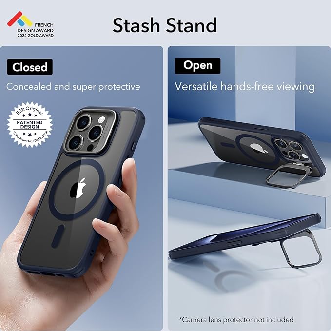 ESR for iPhone 15 Pro Case, Compatible with MagSafe, Military-Grade Protective Case, Built-in Stash Stand Phone Case, Scratch-Resistant Back Cover, Classic Series, Clear Dark Blue