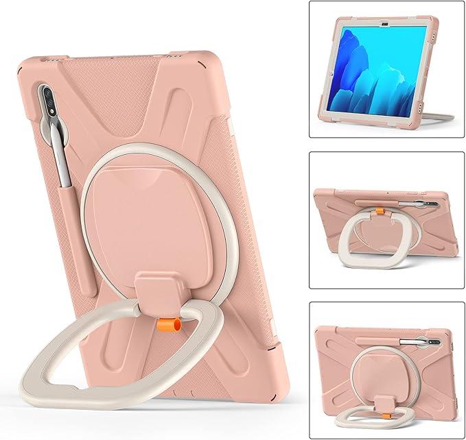 360 Rotation Portable Case for Galaxy Tab S8+/S7 FE/S7+ 12.4 Inch with S Pen Holder Rugged Rotating Stand Hand Strap Shoulder Carrying Outdoor Cover (Pink)