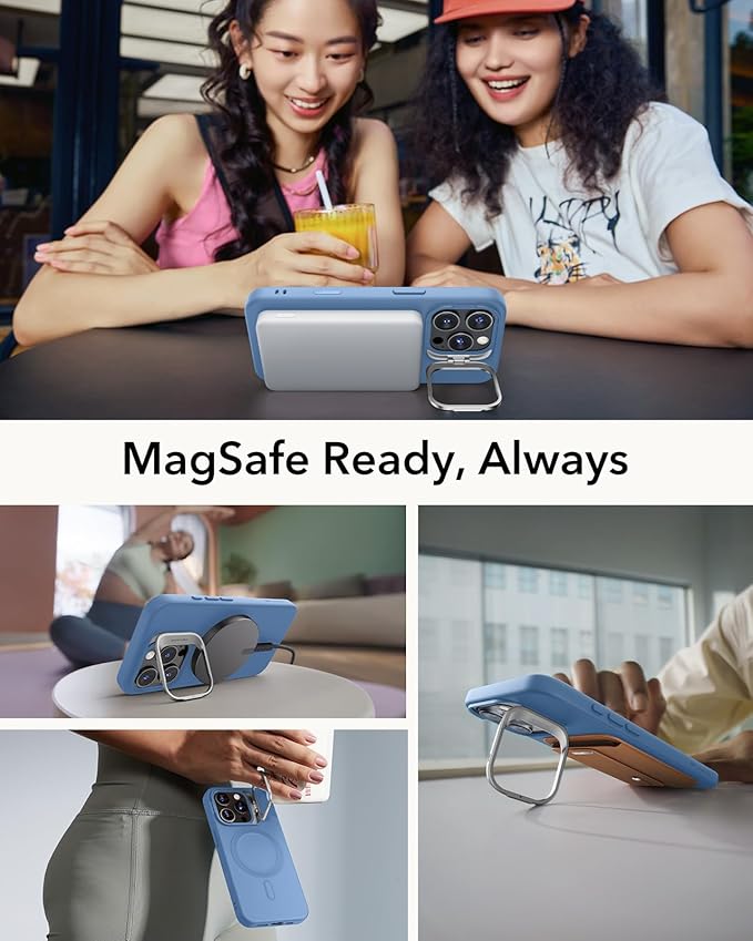 ESR for iPhone 16 Pro Case, Silicone Case with Stand, Compatible with MagSafe, Military-Grade Protection, Built-in Camera Stash Stand, Magnetic Phone Case for iPhone 16 Pro, Cloud Series, Light Blue