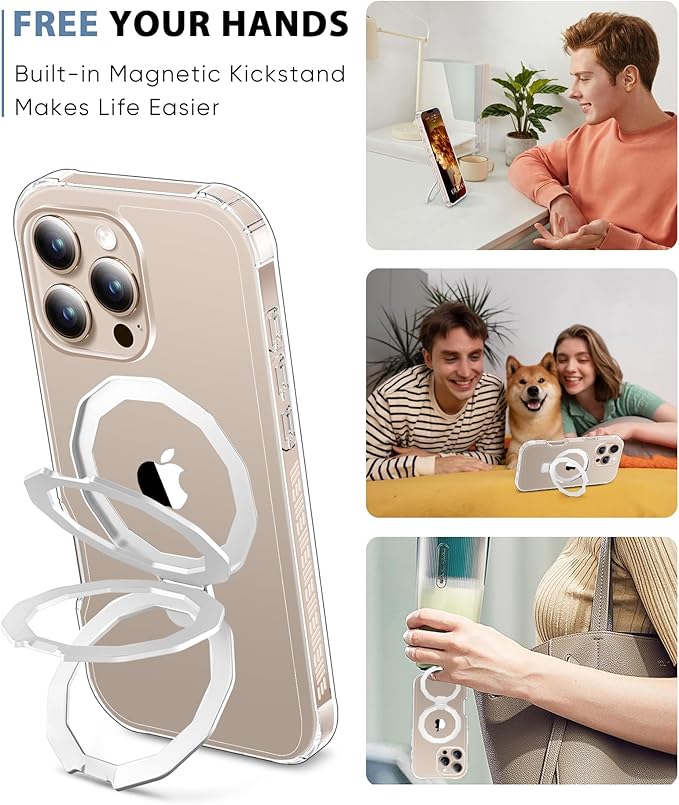 Compatible with iPhone 16 Pro Max Case, Built-in Screen Protector & Seamless Stand, with Camera Lens Protector, Strong Magnetic Clear Phone Case, Full Body Protective Cover for 6.9" (Clear)