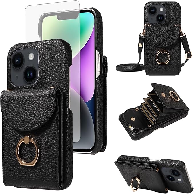for iPhone 14 6.1 inch Organ Wallet Case with Tempered Glass Screen Ring Buckle Shoulder Strap PU Leather Flip Purse Card Holder Stand Phone Cover for iPhone14 5G i i-Phone i14 14Case Black