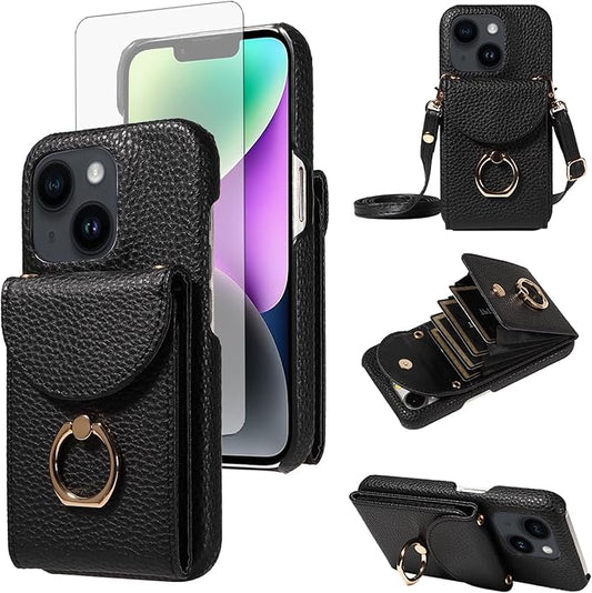 for iPhone 14 6.1 inch Organ Wallet Case with Tempered Glass Screen Ring Buckle Shoulder Strap PU Leather Flip Purse Card Holder Stand Phone Cover for iPhone14 5G i i-Phone i14 14Case Black