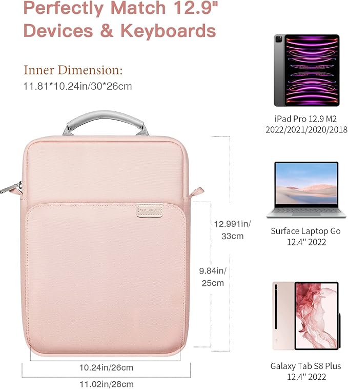 MoKo 12.9 Inch Tablet Sleeve Bag, Fits with 13 Inch New iPad Pro M4 & Air M2 2024,iPad Pro 12.9 M2&M1,Surface Laptop Go 12.4,Galaxy Tab S8+/S9+ 12.4,Handle Carrying Case with Shoulder Strap, Pink