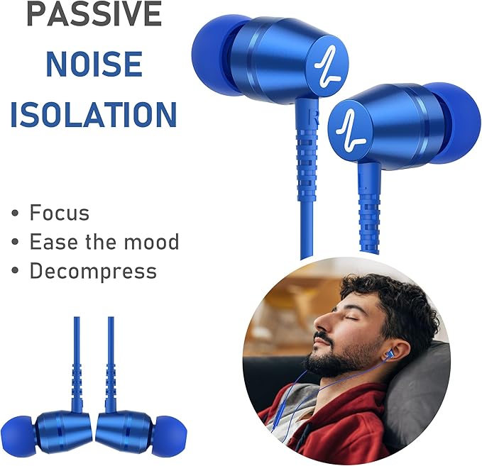 LUDOS OMNITONE Wired Earbuds in-Ear Headphones, 5 Years Warranty, Earphones with Microphone, 3.5 mm Jack Corded Ear Buds, Videoconference for iPhone, Samsung, Laptop, Kids, School Students - Blue