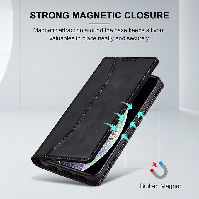 Jasonyu Flip Wallet Case for iPhone X/XS,Leather Magnetic Folio Cover with Card Holder,Kickstand - TPU Shockproof Durable Protective Phone Case,Black